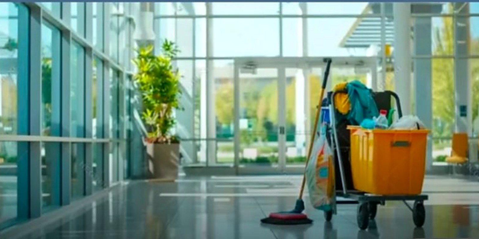 Cleaning cart in a bright commercial lobby